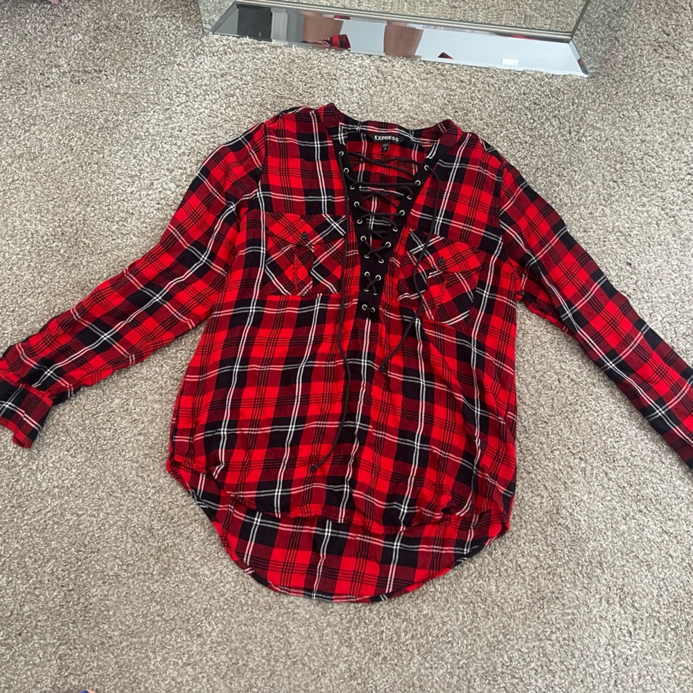 Express Red and Black Plaid Lace-Up Top